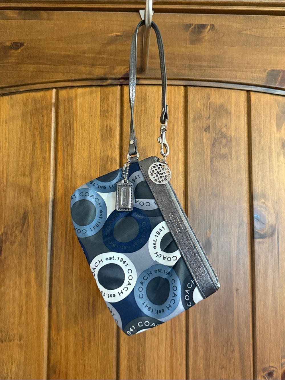 Coach Circular Logo Wristlet - Navy, Silver & White